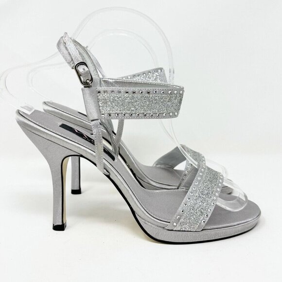 Nina NY Crystal Embellished Silver Heels Sparkle Glitter Mule 7.5‎ Wedding - Picture 1 of 15
